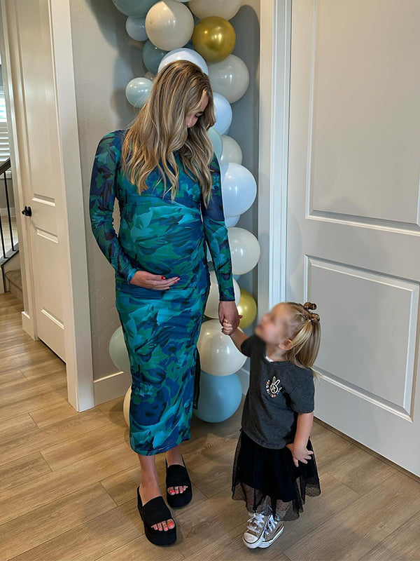 Momsmood Bleach Band Ruched Side Slit Bodycon Long Sleeve Fashion Going Out Gowns Baby Shower Maternity Maxi Dress