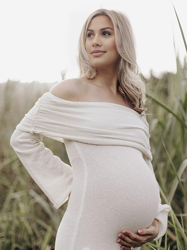 Momsmood White Off Shoulder 3D Flowers Knitting Backless Bodycon Mermaid Cocktail Party Gowns Bandage Photoshoot Maternity Maxi Dress