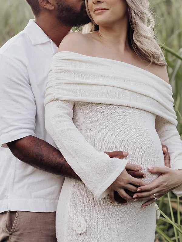 Momsmood White Off Shoulder 3D Flowers Knitting Backless Bodycon Mermaid Cocktail Party Gowns Bandage Photoshoot Maternity Maxi Dress