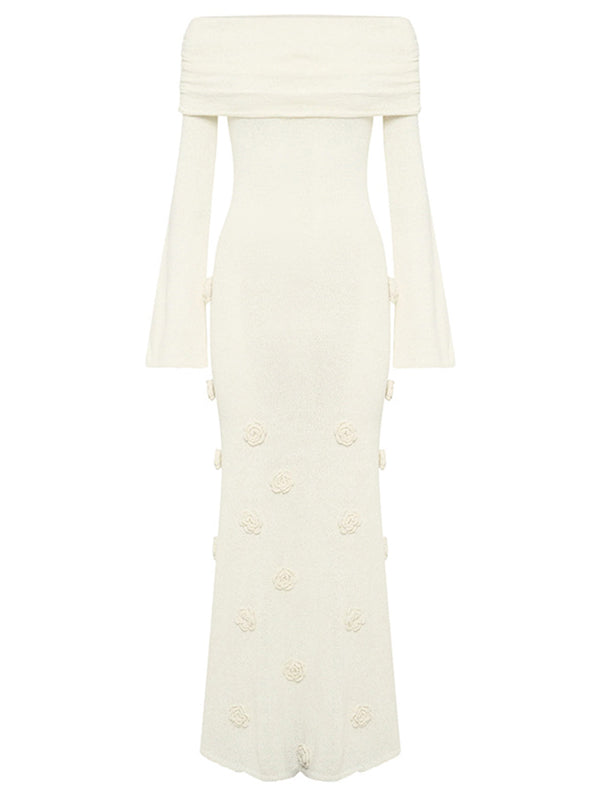 Momsmood White Off Shoulder 3D Flowers Knitting Backless Bodycon Mermaid Cocktail Party Gowns Bandage Photoshoot Maternity Maxi Dress