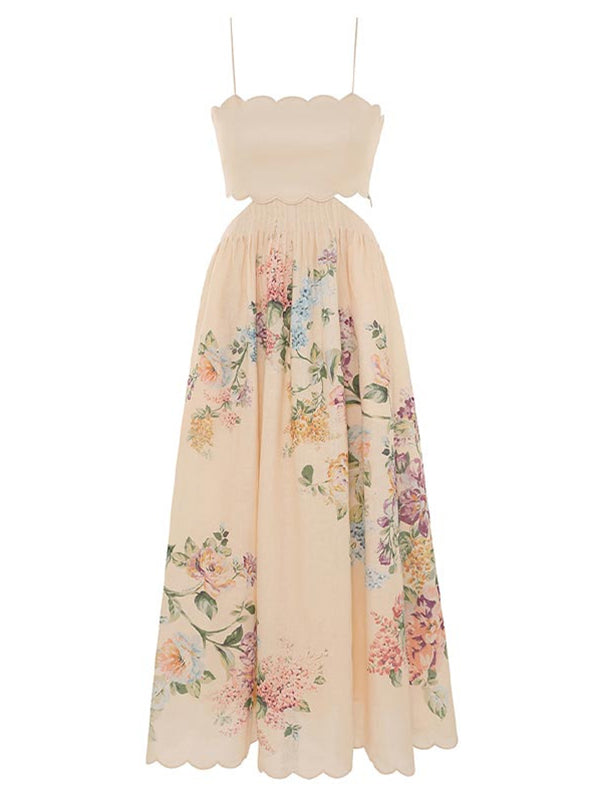 Momsmood Spaghetti Strap Backless Wavy Edge Cut Out Print Going Out Gowns Cute Baby Shower Maternity Maxi Dress