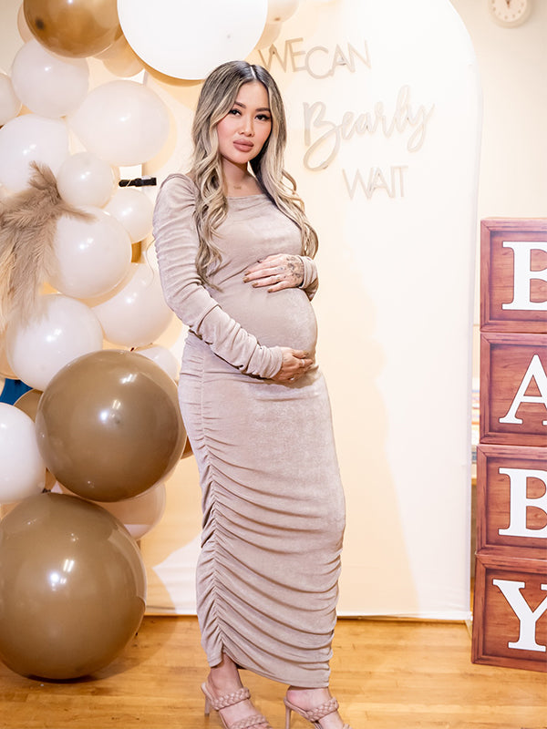 Momsmood Solid Color Cascading Ruffle U-Neck Long Sleeve Bodycon Elegant Going Out Gowns Cute Bandage Baby Shower Maternity Maxi Dress