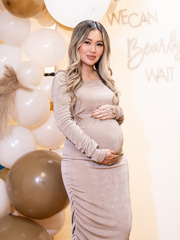 Momsmood Solid Color Cascading Ruffle U-Neck Long Sleeve Bodycon Elegant Going Out Gowns Cute Bandage Baby Shower Maternity Maxi Dress