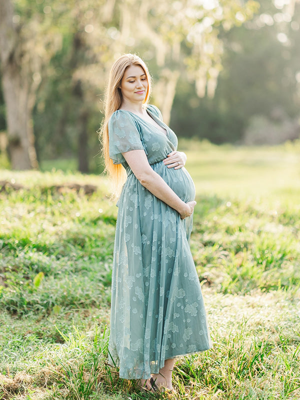 Momsmood Blue Floral Wrap Side Slit Big Swing Elegant Baby Moon Going Out Boho Maternity Photoshoot Baby Shower Maxi Dress