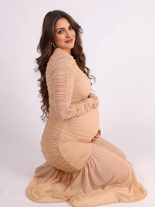Momsmood Apricot Mesh Ruched Pleated Fish Tail Hem Round Neck Long Sleeve Bodycon Elegant Cocktail Party Gown Maternity Photoshoot Baby Shower Maxi Dress