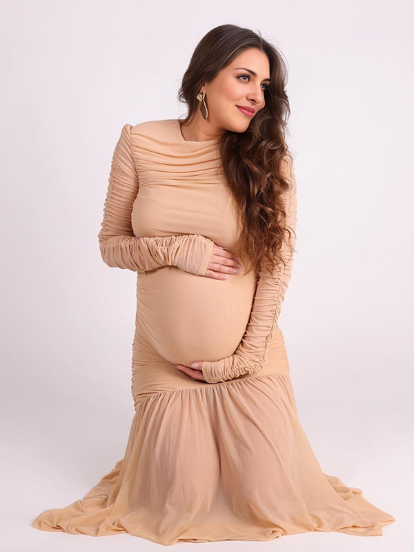 Momsmood Apricot Mesh Ruched Pleated Fish Tail Hem Round Neck Long Sleeve Bodycon Elegant Cocktail Party Gown Maternity Photoshoot Baby Shower Maxi Dress