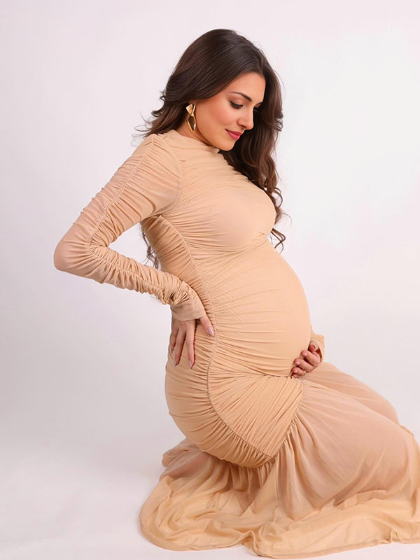 Momsmood Apricot Mesh Ruched Pleated Fish Tail Hem Round Neck Long Sleeve Bodycon Elegant Cocktail Party Gown Maternity Photoshoot Baby Shower Maxi Dress