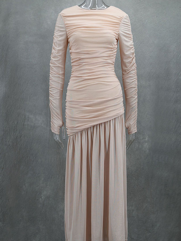 Momsmood Apricot Mesh Ruched Pleated Fish Tail Hem Round Neck Long Sleeve Bodycon Elegant Cocktail Party Gown Maternity Photoshoot Baby Shower Maxi Dress