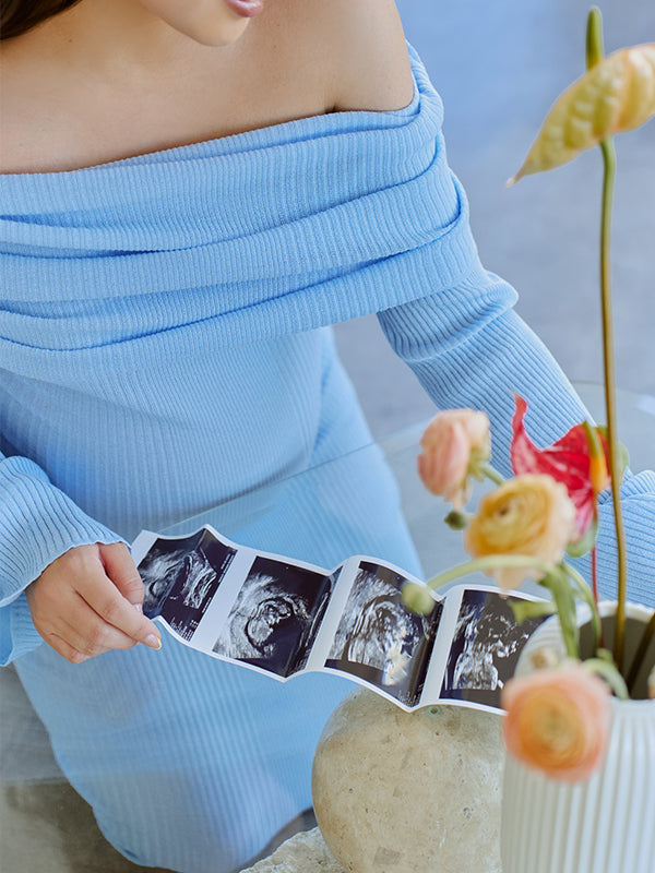 Momsmood Blue Knit Ruched Off Shoulder Flare Sleeve Bodycon Elegant Cocktail Party Gown Maternity Photoshoot Baby Shower Maxi Dress