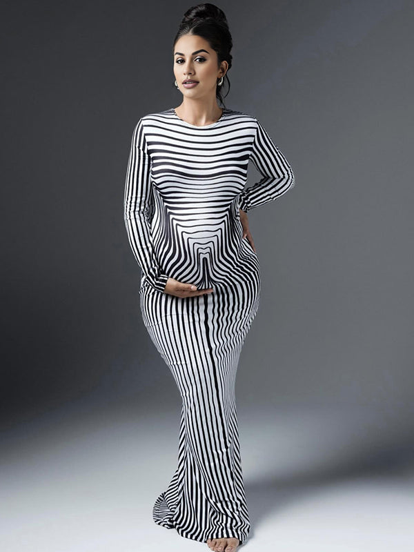 Momsmood White And Black Striped High Neck Bodycon Chic Basic Going Out Maternity Photoshoot Baby Shower Maxi Dress