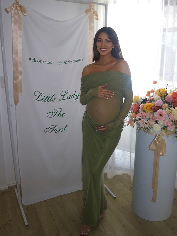 Momsmood Mesh Patchwork Ruched Off Shoulder Cut Out Elegant Cocktail Party Gown Sheer Maternity Photoshoot Baby Shower Maxi Dress