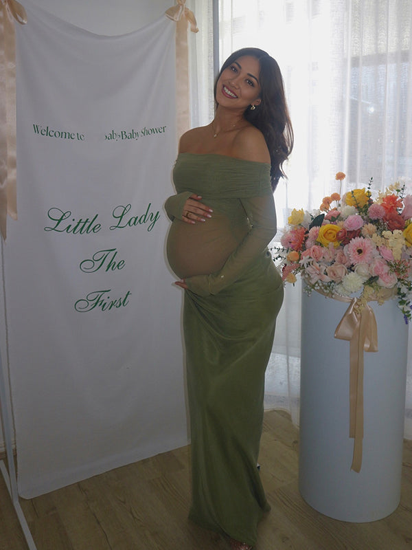 Momsmood Mesh Patchwork Ruched Off Shoulder Cut Out Elegant Cocktail Party Gown Sheer Maternity Photoshoot Baby Shower Maxi Dress