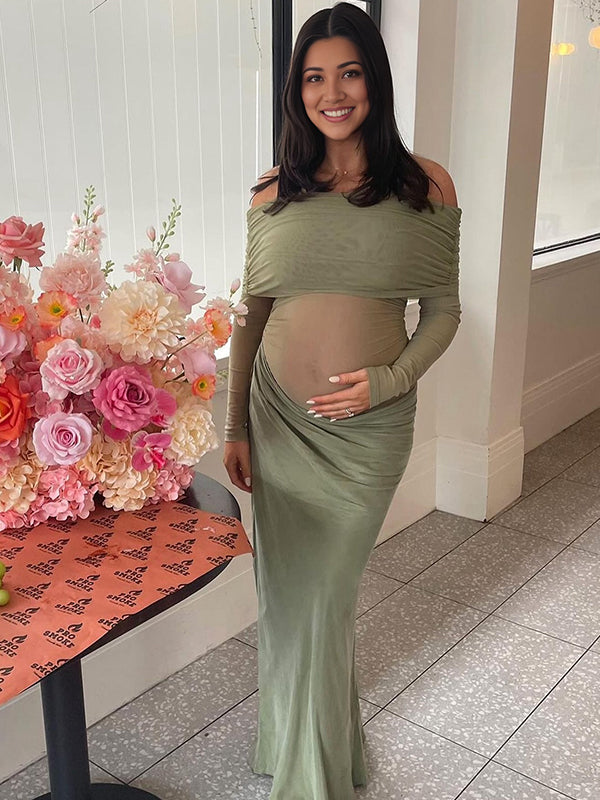 Momsmood Mesh Patchwork Ruched Off Shoulder Cut Out Elegant Cocktail Party Gown Sheer Maternity Photoshoot Baby Shower Maxi Dress
