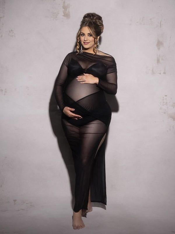 Momsmood Off Shoulder Sheer Mesh Side Slit Irregular Photoshoot Maternity Maxi Dress