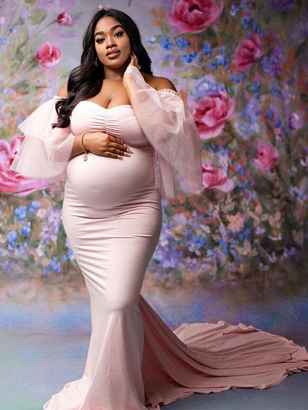 Momsmood Bandeau Cascading Ruffle Tulle Ruffle Sleeve Mermaid Bodycon Photoshoot Maternity Maxi Dress