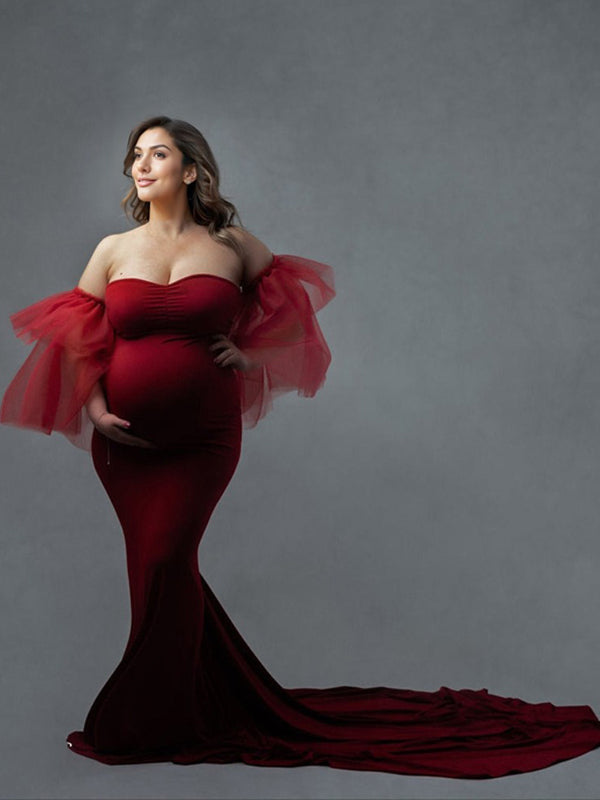 Momsmood Bandeau Cascading Ruffle Tulle Ruffle Sleeve Mermaid Bodycon Photoshoot Maternity Maxi Dress