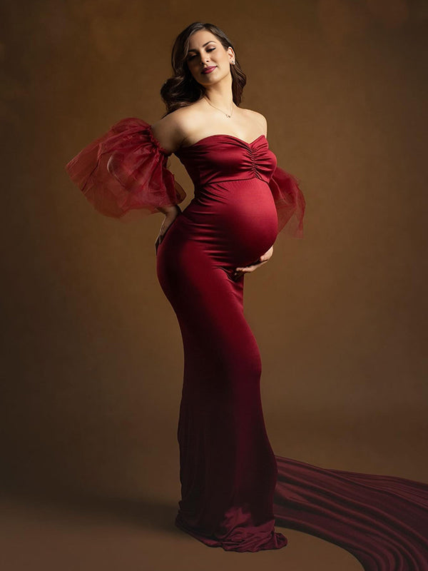 Momsmood Bandeau Cascading Ruffle Tulle Ruffle Sleeve Mermaid Bodycon Photoshoot Maternity Maxi Dress