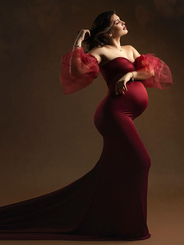 Momsmood Bandeau Cascading Ruffle Tulle Ruffle Sleeve Mermaid Bodycon Photoshoot Maternity Maxi Dress