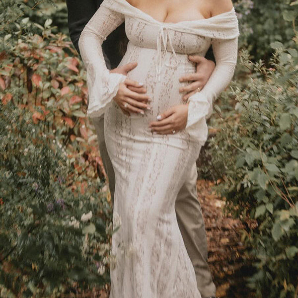 Momsmood White Off Shoulder Lace Bandeau Tie Front Mermaid Bandage Going Out Photoshoot Maternity Maxi Dress