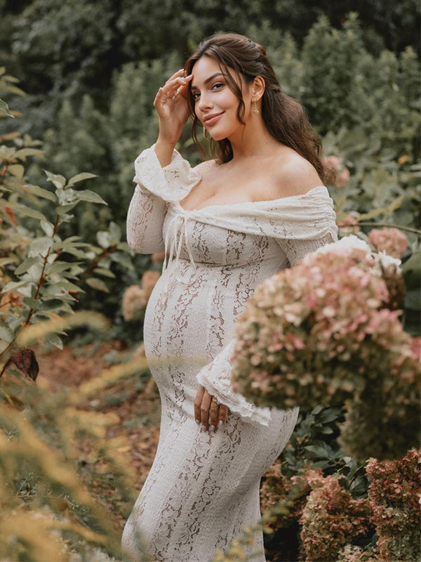 Momsmood White Off Shoulder Lace Bandeau Tie Front Mermaid Bandage Going Out Photoshoot Maternity Maxi Dress