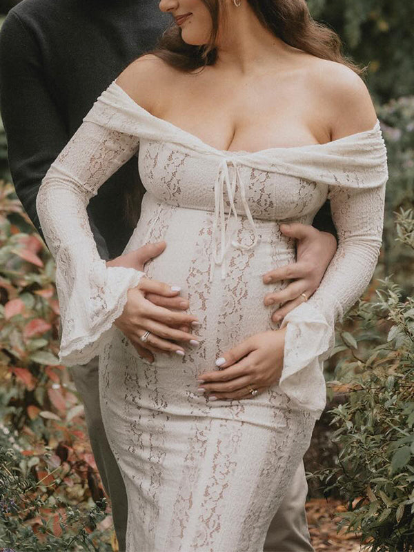 Momsmood White Off Shoulder Lace Bandeau Tie Front Mermaid Bandage Going Out Photoshoot Maternity Maxi Dress