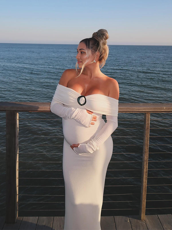 Momsmoods Off Shoulder Ruched Draped Silver-tone Accent Thumbhole Cut-out Bodycon Elegant Cocktail Evening Gown Maternity Photoshoot Baby Shower Maxi Dress