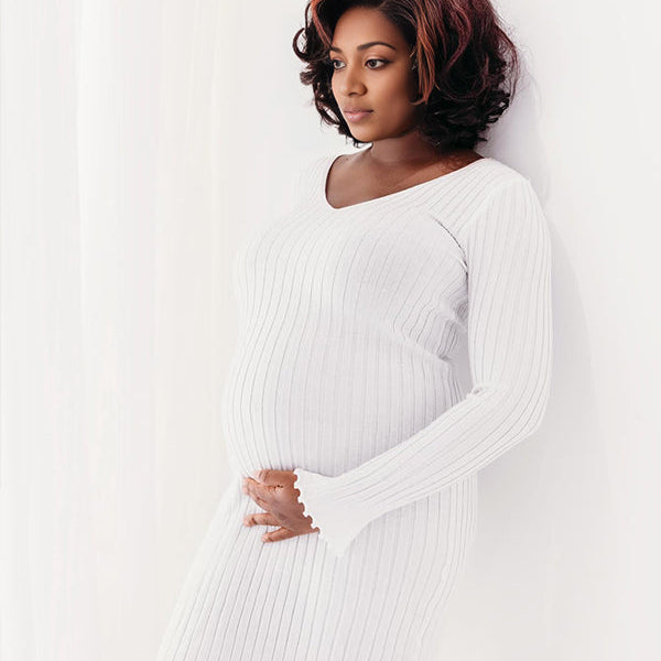 Momsmood Knit Pleated Big Swing V-neck Plus Size Sweater Elegant Going Out Maternity Photoshoot Baby Shower Maxi Dress