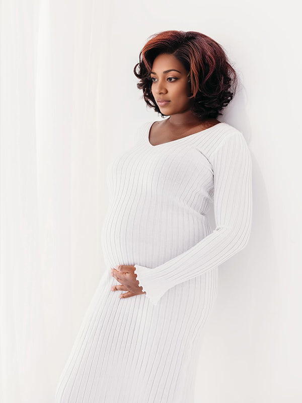 Momsmood Knit Pleated Big Swing V-neck Plus Size Sweater Elegant Going Out Maternity Photoshoot Baby Shower Maxi Dress