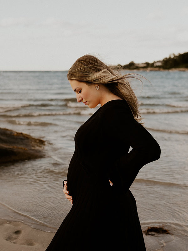 Momsmood Knit Pleated Big Swing V-neck Plus Size Sweater Elegant Going Out Maternity Photoshoot Baby Shower Maxi Dress