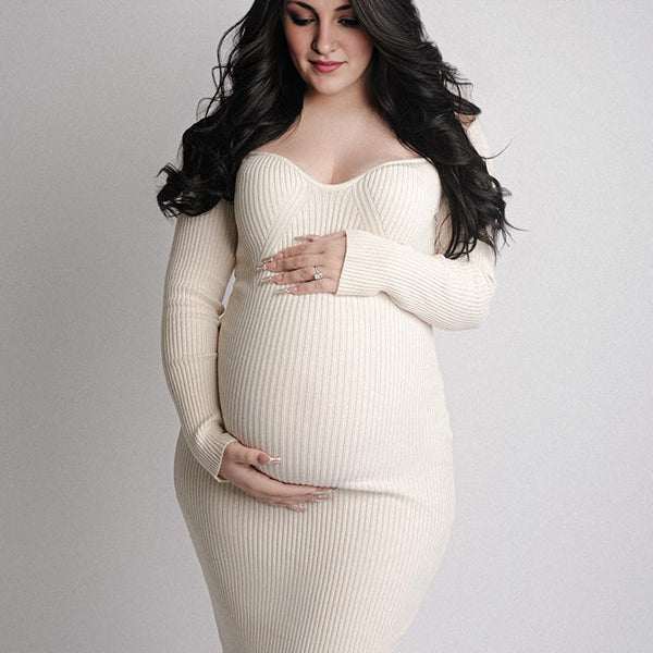 Momsmood Apricot Knit V-neck Bodycon Elegant Going Out Maternity Photoshoot Baby Shower Midi Sweater Dress