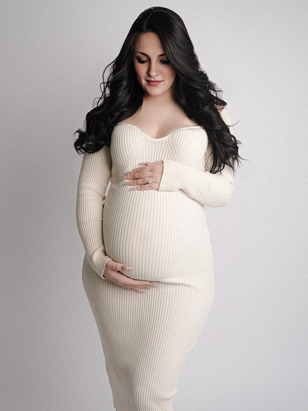 Momsmoods Apricot Knit V-neck Bodycon Elegant Going Out Maternity Photoshoot Baby Shower Midi Sweater Dress