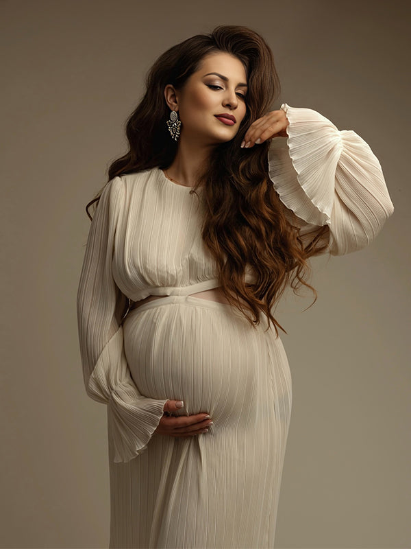 Momsmood Beige Cut Out Pleated Flare Sleeve Going Out Gowns Photoshoot Maternity Maxi Dress