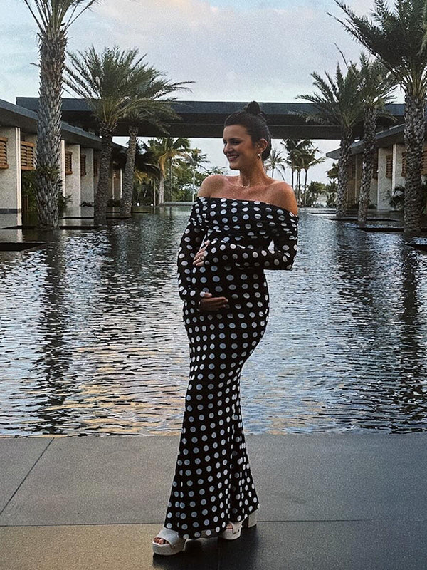 Momsmood Black And White Polka Dot Off Shoulder Ruched Bodycon Elegant Going Out Cocktail Maternity Photoshoot Maxi Dress