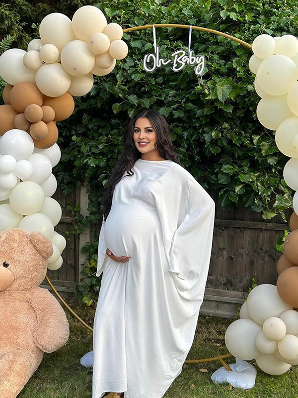 Momsmood Plus Size White Round Neck Batwing Sleeve Casual Cape Dress Elegant Maternity Baby Shower Maxi Dress