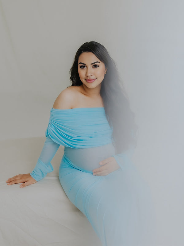 Momsmood Off Shoulder Mesh Splicing Cascading Ruffle Bodycon Going Out Gowns Photoshoot Maternity Maxi Dress