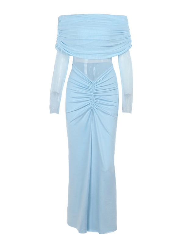 Momsmood Off Shoulder Mesh Splicing Cascading Ruffle Bodycon Going Out Gowns Photoshoot Maternity Maxi Dress