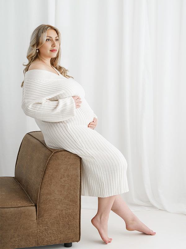 Momsmood Solid Color V-Neck Long Sleeve Knit Daily Photoshoot Maternity Midi Dress