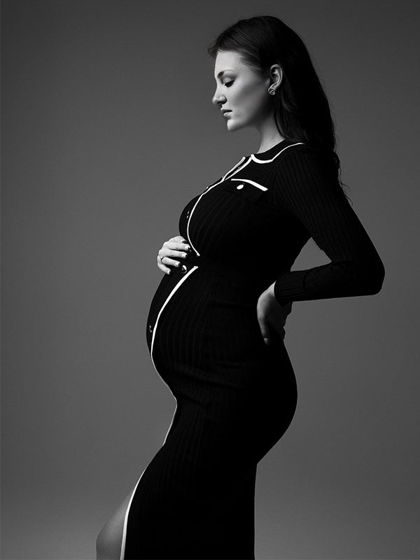 Momsmood Knitwear Single Breasted Front Split Buttons V-Neck Going Out Work Photoshoot Maternity Sweater Midi Dress