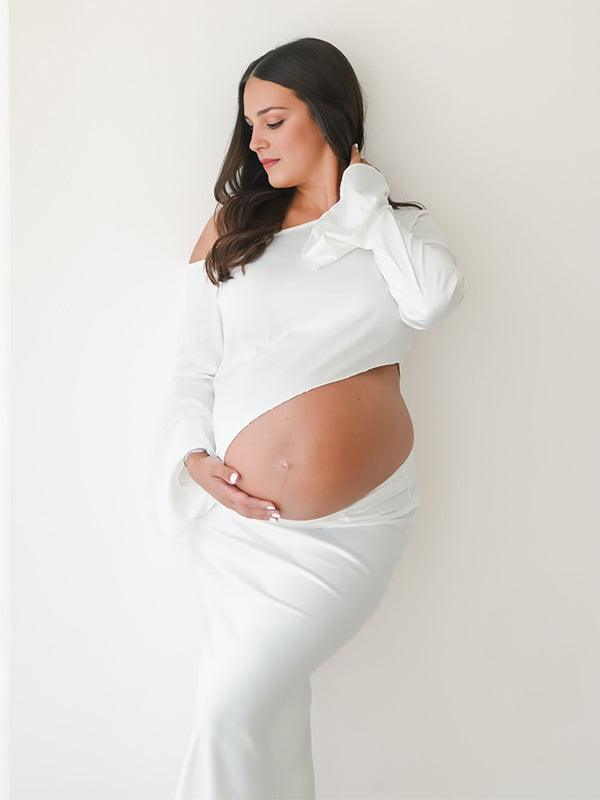 Momsmood White Satin Crop Irregular 2-in-1 Bodycon Mermaid Photoshoot Maternity Maxi Dress