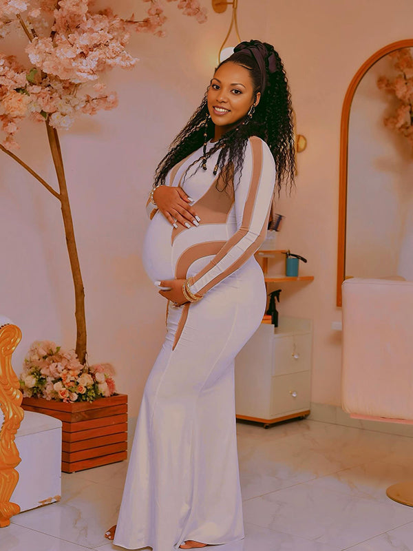 Momsmood White Mesh Patchwork Cut Out Mermaid Elegant Going Out Party Maternity Photoshoot Babyshower Maxi Dress