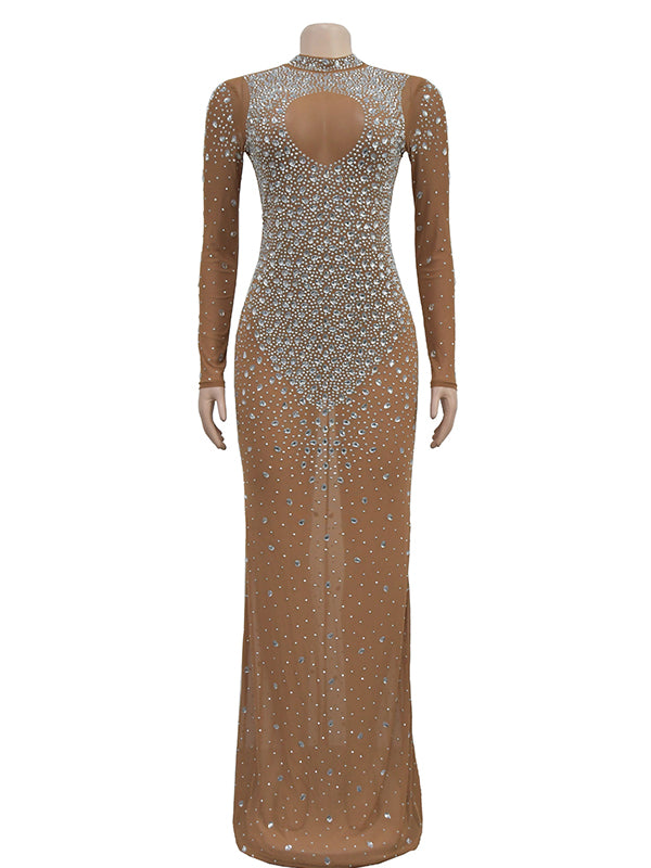 Momsmood Apricot Glitter Diamonds Rhinestone Mesh Back Slit Bodycon Elegant Cocktail Sheer Maternity Photoshoot Maxi Dress
