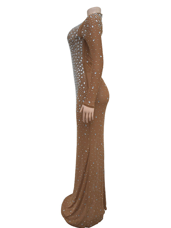 Momsmood Apricot Glitter Diamonds Rhinestone Mesh Back Slit Bodycon Elegant Cocktail Sheer Maternity Photoshoot Maxi Dress