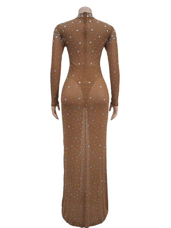 Momsmood Apricot Glitter Diamonds Rhinestone Mesh Back Slit Bodycon Elegant Cocktail Sheer Maternity Photoshoot Maxi Dress