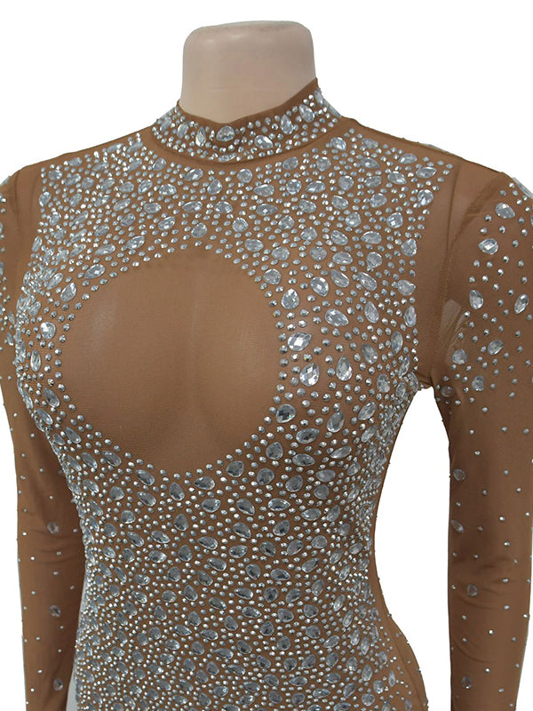 Momsmood Apricot Glitter Diamonds Rhinestone Mesh Back Slit Bodycon Elegant Cocktail Sheer Maternity Photoshoot Maxi Dress