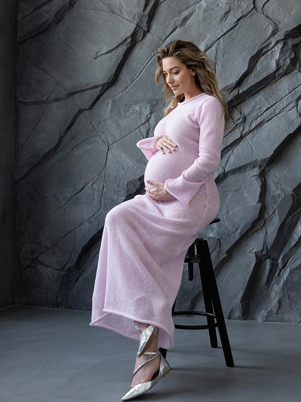 Momsmood Two Piece Light Knit Tissue Bodycon Elegant Baby Moon Cover Up Maternity Photoshoot Maxi Dress