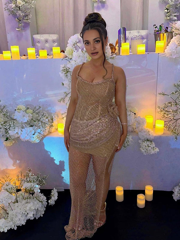 Momsmood Golden Glitter Diamonds Rhinestone 3D Flower Mesh Fishnet Slit Slit Backless Bodycon Elegant Cocktail Party Sheer Maternity Photoshoot Maxi Dress