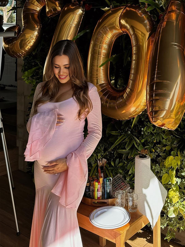 Momsmood Pink High-low Mesh Patchwork Falbala Ruffle Flare Sleeve Mermaid Elegant Cocktail Party Maternity Photoshoot Babyshower Maxi Dress