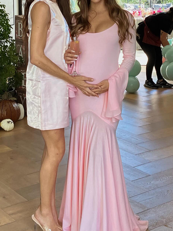 Momsmood Pink High-low Mesh Patchwork Falbala Ruffle Flare Sleeve Mermaid Elegant Cocktail Party Maternity Photoshoot Babyshower Maxi Dress