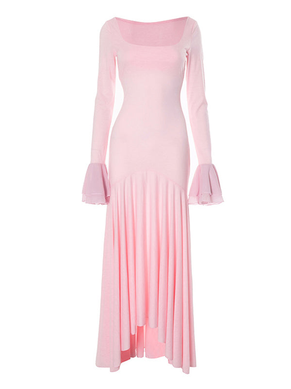 Momsmood Pink High-low Mesh Patchwork Falbala Ruffle Flare Sleeve Mermaid Elegant Cocktail Party Maternity Photoshoot Babyshower Maxi Dress