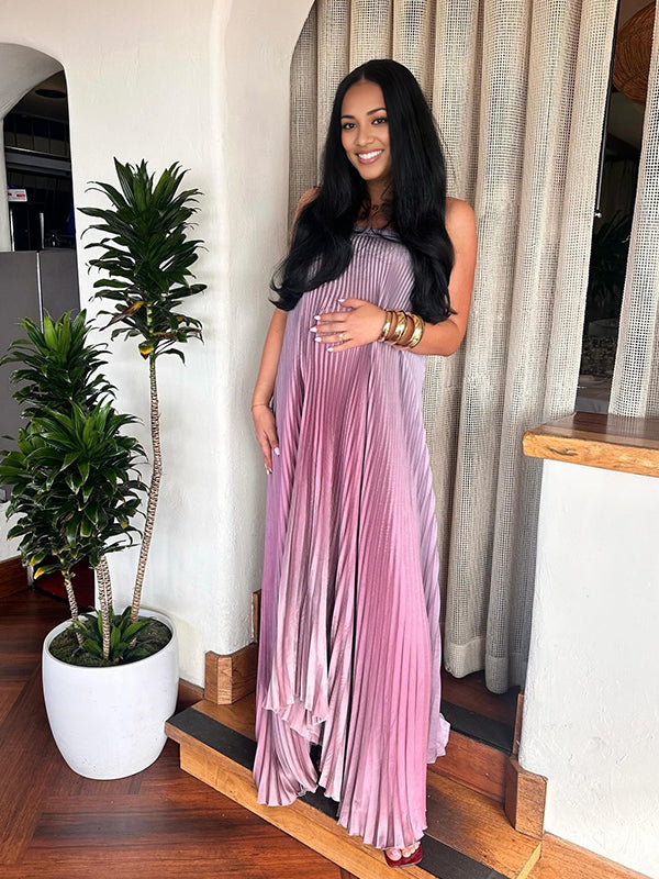 Momsmood Pink Gradient Color Bandeau Pleated Big Swing Strapless Elegant Cocktail Party Maternity Photoshoot Baby Shower Maxi Dress